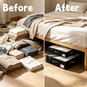 Under Bed Storage Containers with Clear Lid & Leather Handles, Foldable Fabric Storage Boxes Before & After Space Saving