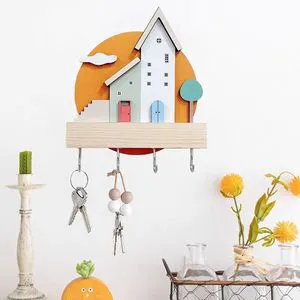 Creative Cute Key Wooden Nordic Storage Rack Organizer with Three Rows of Hooks for Entryway Wall Hanging Decoration