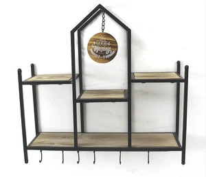 2 Tier Rustic House Shape Solid Wood Metal Wall Mount Shelf with Hook Home Decor for Bedroom, Living Room, Bathroom, Kitchen
