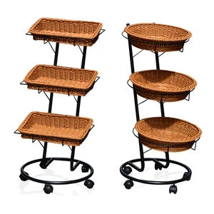 Huangtu Three Layer Fruit Tray Supermarket Fruit And Vegetable Basket Wicker Retro Tray Station Restaurant Storage Basket