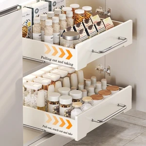 Kitchen Organizer Tool with Scalable Pull-Out Rack Metal Carbon Steel Slide Rails Multi-Purpose Spice & Cabinet Storage Holder