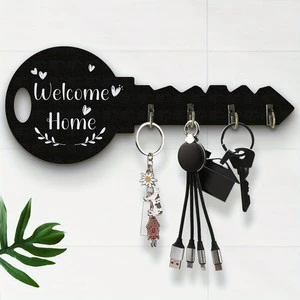 Wood Key Shaped Cutout Hook Plaque, Welcome Home Letter Wooden Key Rack, Wall Mount Entryway Decor Gift