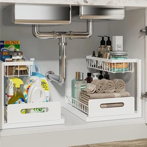 2-Tier Sliding Under Sink Organizer-Rustproof Metal Storage for Kitchen & Bathroom Cabinets for Cleaning Supplies