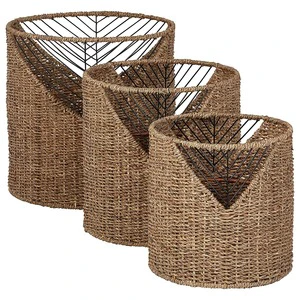 Modern Vietnam Handicraft Eco-Friendly Folding Seagrass Wicker Rattan Handwoven Storage Basket Set Handles-Multifunctional Home