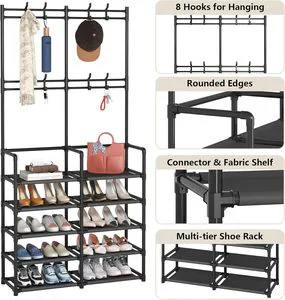 Double Tier Black Metal Entryway Coat and Shoe Rack Storage Organizer with 8 Hooks Factory Direct Sale Low Tariff