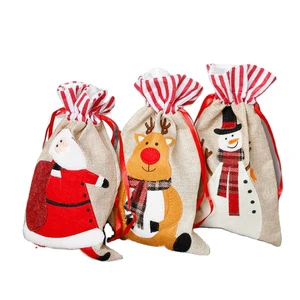 Custom Hot Sale Christmas Decorations Hand-made Linen Bag with Embroidery Christmas Candy Storage Bag