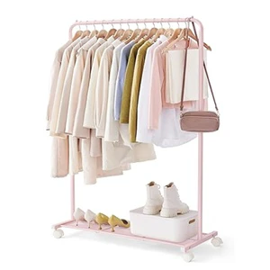 Pink Elegant Single Rod Metal Coat Rack - Floor-Standing Movable Clothes Drying Rack for Bedroom, Space-Saving Hanger