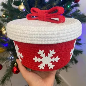 White Snow Decor Xmas Holiday Gifts Desktop Storage Organizer Customized Colors Red Bow Hand Woven Cotton Rope Storage Baskets