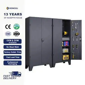 Heavy Duty Steel Garage Storage Cabinet With Lockable Tall Locker Pegboard Door and Shelves for Workshop Organization