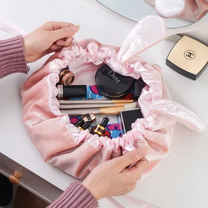 Women's Large Capacity Foldable Portable Travel Cosmetic Bag Cute Velvet Lazy Quick Pack Brush Organizer Open Beauty Storage
