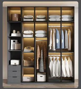 Modern Adjustable Open Wardrobe Closet Organizer System Black Frame LED Lighting Dual Hanging Rail Drawers RTA For Hotel Use