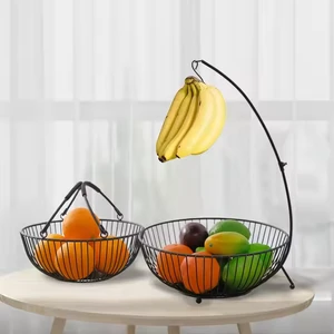 Home Hotel 2 Tier Black Adjustable Metal Wire Iron Fruit Basket With Banana Hanger