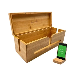 Solid Wood Cable Storage Box with Lid Premium Wooden Cord Organizer for Desk, Power Strip, Router & Wire Management