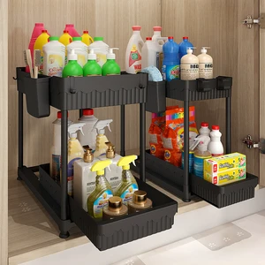 High Quality Patented Design Kitchen Cabinet Storage Shelf 2 Tier Plastic Pull Out Drawer Under Sink Organizer