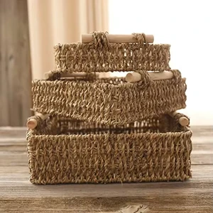Wholesale Custom Grass Woven Wood Handle Handmade Straw Woven Desktop Storage Basket Storage Box