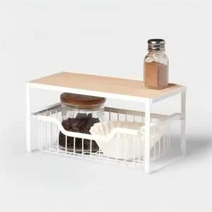 Kitchen Countertop Home Small Spaces Aesthetic Custom Wood Top Pull-out Wire Basket Storage Organizer Shelf