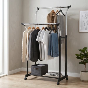 Modern Steel Double Rod Coat Rack with Storage Shelf and Wheels for Bedroom Living Room Furniture