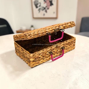 Natural Handmade Eco-Friendly Wicker Clothing Organizer Storage Basket with Hinged Lid 12x7x4 Inch Home Gift Wholesale OEM