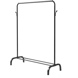 Black Garment Rack With Storage Shelves And Coat/Hat Hooks Indoor Freestanding Steel Clothes Rack For Bedroom Or Living Room