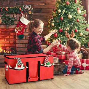 BROSYDA Christmas Ornament Storage Box-Fabric Portable Design 128 3-inch Capacity 8 Removable Trays Dividers Modern Storage