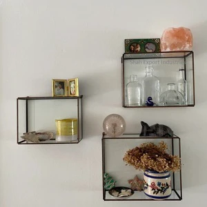 New Trending Wall Shelves Rack Metal Frame Glass Wall Shelf Set of 3 Black Finished Wall Hanging Storage Boxes