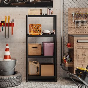 Black 4-Tier Garage Storage Shelf PP Material 100LBS Per Shelf Tool-Free Assembly