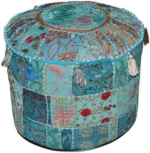 Traditional Rajasthani Patchwork Cotton Retractable Bamboo Rattan Handicraft Foot Stool Cover Festive Christmas Decor Pouf