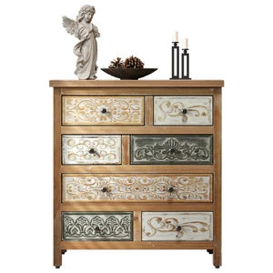 Vintage Multicolor Carved Wooden 6 Drawer Accent Chest, Rustic Farmhouse Storage Dresser for Bedroom Living Room Entryway
