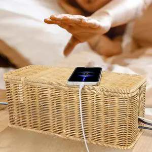 Jiaxiang Hand Woven pp Rattan Cable Management Box Cable Organizer with 2 Open Slots Perfect for Home and Office Use