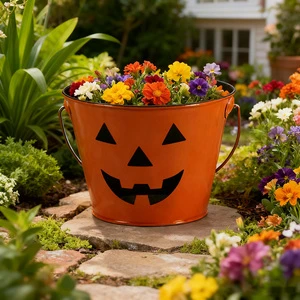 0.3 Gallon Halloween Iron Flower Bucket Metal Planter For Balcony Garden Decor