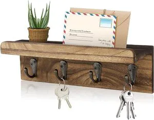 Rustic Farmhouse Wall Mounted Wooden Key Holder with 4 Hooks and Mail Organizer Foldable Design Brown 33x15x85cm