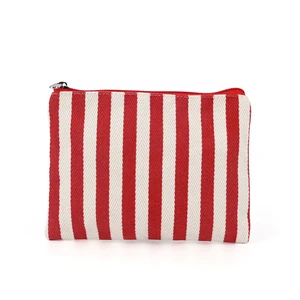 Fashion Custom Logo Printed Colorful Red Striped Canvas Cosmetic Zipper Bag Makeup Toilet Storage Pouch Bag for Travel Daily Use