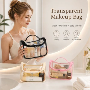 HANFEIZI Wholesale PU+PVC Cosmetic Bag Portable Transparent Waterproof Travel Makeup Bag for Women