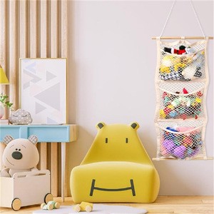 Foreign Trade Cross-border New Arrival Jingman Northern Europe Style Cotton Wooden Stick Wall Hanging Storage Rack Mesh Bag Home