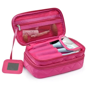 Double Layer Multi-functional Custom Travel Small Wash Bag Waterproof Makeup Cosmetic Pouch Quilted Toiletry Bag with Mirror