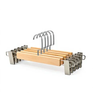 Branded Standard Size Chic Natural Solid Wood Pearl Nickel Flat Hook Hangers With Adjustable Metal Clips For Clothing Store