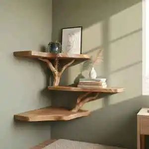 Rustic Tree Branch Wooden Floating Shelf Wall Mount Natural Log Root Multi Level Corner Storage Ledge Plant Display Rack