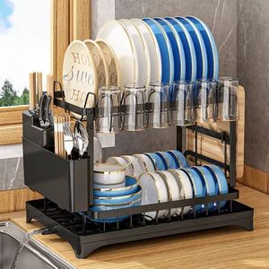 Double Standing Type Kitchen Cabinet Organizer Pull-Out Drawer Basket Sink Shelf Storage Sundries PP Material Black
