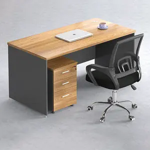 Modern Office Desk With Fixed Drawer Cabinet Walnut Brown Wood Grain Computer Table With Lockable Storage For Staff Workstation
