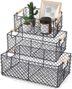 YULIN JIAFU Wire Basket for Organizing with Wooden Handle Vintage Style Rectangle Mesh Metal Basket Food Storage Organizer