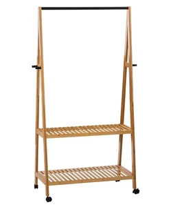 Bamboo Coat Rack with 2 Tier Storage Shelves Side Hooks Multifunctional Bamboo Garment Rack for Shower Bedroom Balcony