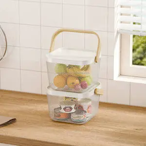 WIREKING Wholesale Eco-Friendly Modern Furit and Vegetable Storage Baskets Portable Metal Wire with Wooden Handle
