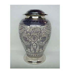 Brass Large Silver and Blue Vintage Adult Brass Cremation Urns Human Ashes with Free Velvet Bag