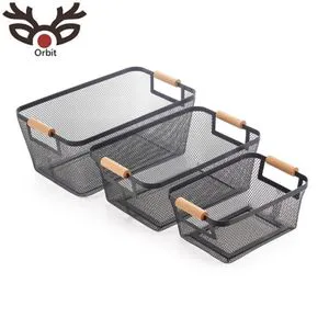 3-Piece Modern Rectangle Wire Mesh Baskets with Wooden Handle-Eco-Friendly Multifunction Kitchen Home Storage Organizer / Black