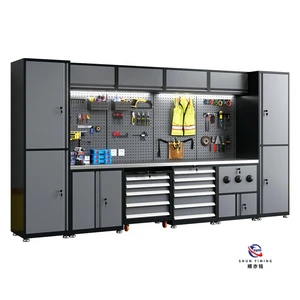 Comprehensive Garage Storage Station, Combined Steel Workbench with Integrated Bin Racks & Tool Hanging