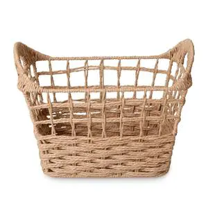 Openwork Grid Weave Paper Rope Storage Basket with Handles Rectangular Natural Boho Farmhouse for Home Retail Office Organizer