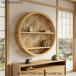 Round Rattan Wall Mount Shelf Handwoven Bamboo Wall Display Rack 2-Tier Wooden Floating Shelves Home Decor Storage Organizer