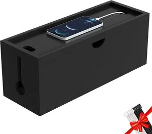 Large Black Bamboo Cable Management Storage Bag Modern Durable Cord Organizer Hide Wires Power Strips Desktop