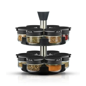 2 Tier 360° Rotating Spice Rack Holder 12 Pcs Glass Seasoning Storage Jars With Multi-use Lid And Labels For Kitchen Pantry