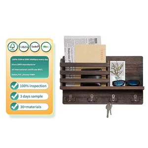 Wall Mounted Mail Holder Wooden Key Holder Rack Mail Sorter Organizer with 4 Double Key Hooks and a Floating Shelf Rustic Home